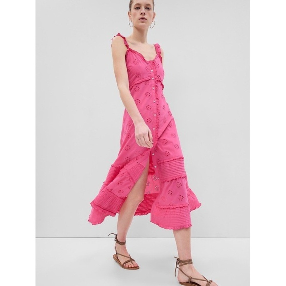 GAP Pink‎ Eyelet Tiered Button Front Maxi Dress Ruffle Straps Women's M
